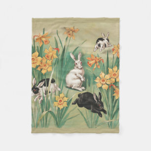 Cute Bunnies with Daffodil Flowers Antique Easter Fleece Blanket