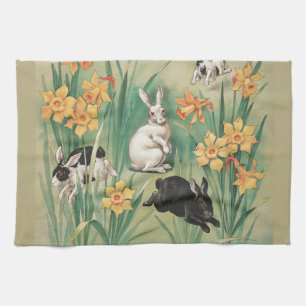 Cute Bunnies with Daffodil Flowers Antique Easter Kitchen Towel