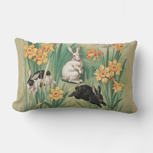 Cute Bunnies with Daffodil Flowers Antique Easter Lumbar Pillow (Front)