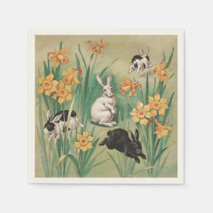 Cute Bunnies with Daffodil Flowers Antique Easter Napkin