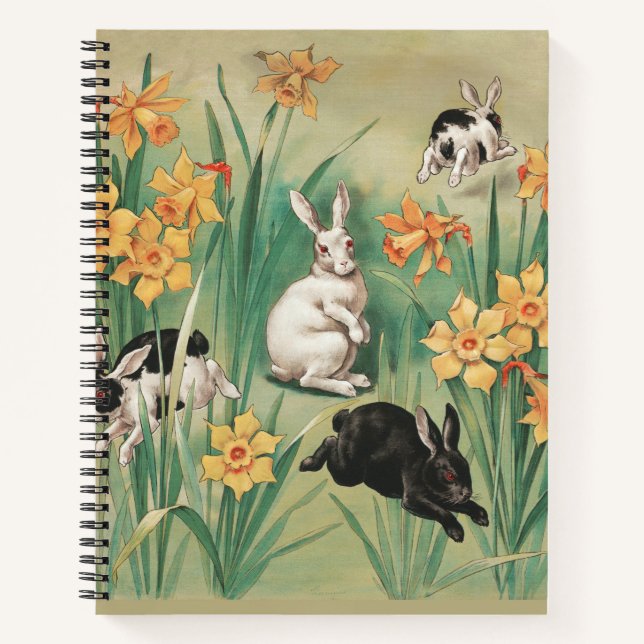 Cute Bunnies with Daffodil Flowers Antique Easter Notebook (Front)