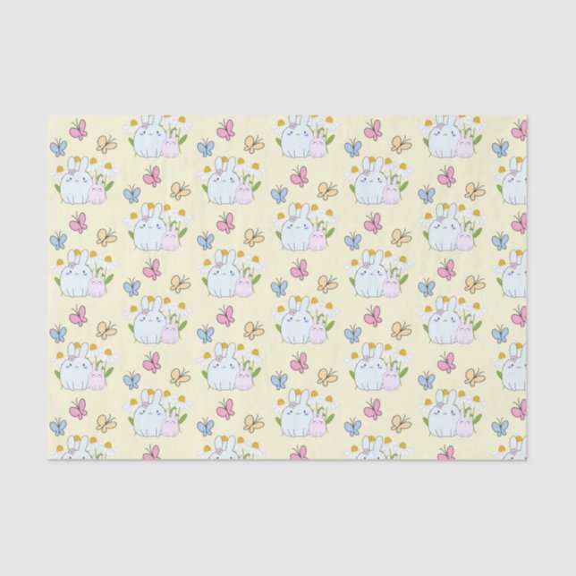 Cute Bunnies with Daisies and Butterflies Pattern Tissue Paper (Front)