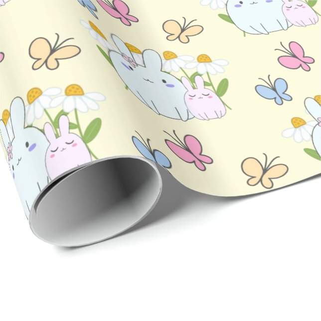 Cute Bunnies with Daisies and Butterflies Pattern Wrapping Paper (Roll Corner)