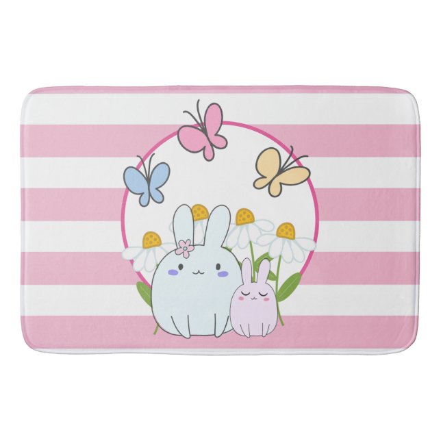 Cute Bunnies with Spring Daisies and Butterflies Bath Mat (Front)