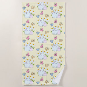 Cute Bunnies with Spring Daisies and Butterflies Beach Towel