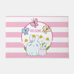 Cute Bunnies with Spring Daisies and Butterflies Doormat