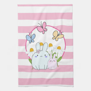 Cute Bunnies with Spring Daisies and Butterflies Kitchen Towel