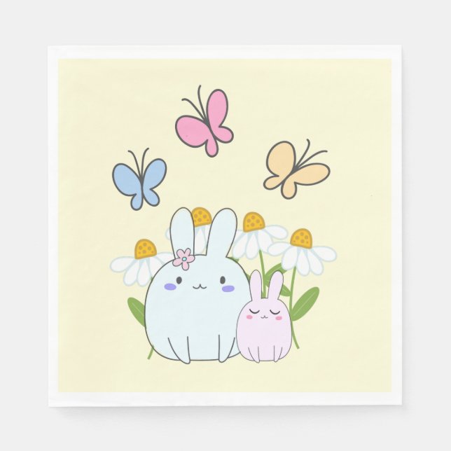 Cute Bunnies with Spring Daisies and Butterflies Napkin (Front)