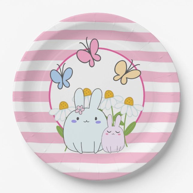 Cute Bunnies with Spring Daisies and Butterflies Paper Plate (Front)