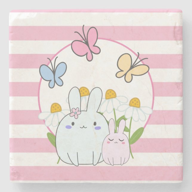 Cute Bunnies with Spring Daisies and Butterflies Stone Coaster (Front)