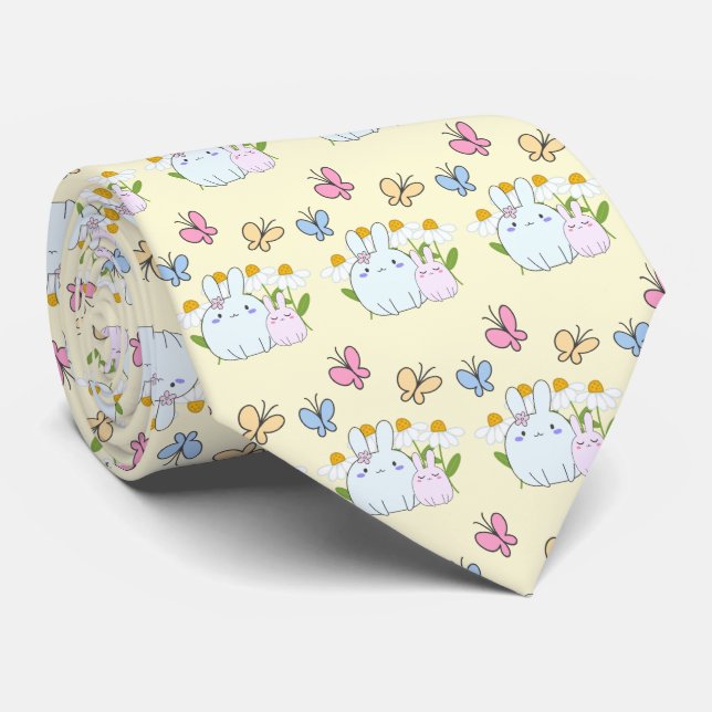 Cute Bunnies with Spring Daisies and Butterflies Tie (Rolled)