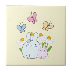 Cute Bunnies with Spring Daisies and Butterflies Tile