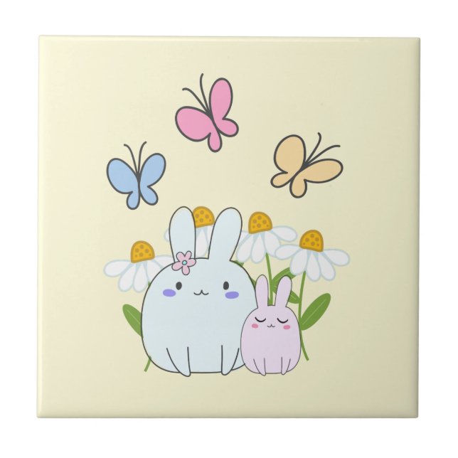 Cute Bunnies with Spring Daisies and Butterflies Tile (Front)