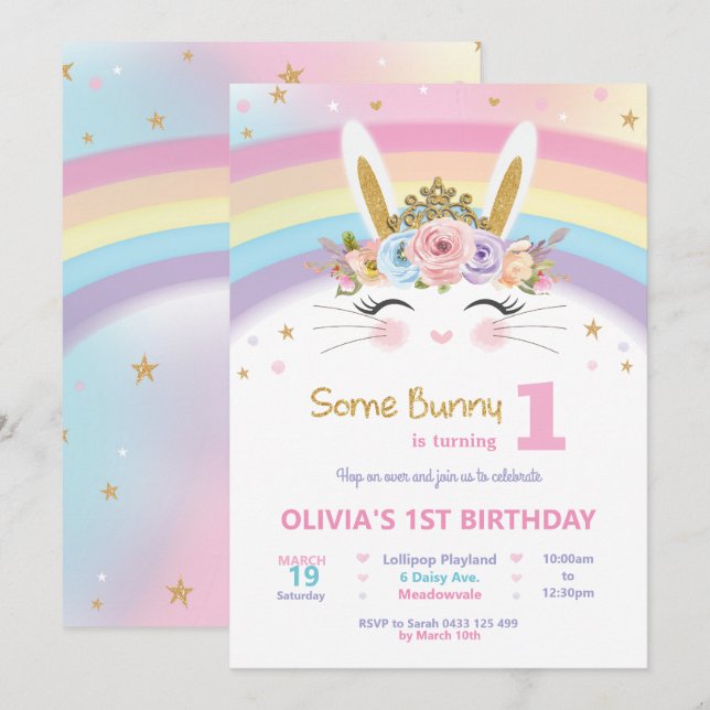Cute Bunny 1st Birthday Girls Rainbow Rabbit Invitation (Front/Back)