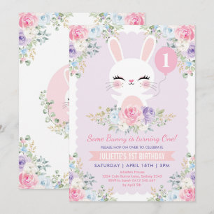 Cute Bunny 1st Birthday Spring Floral Rabbit Party Invitation