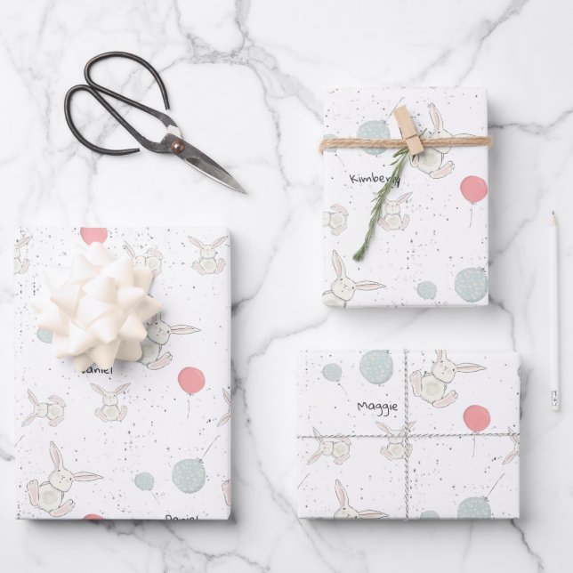 Cute Bunny and Balloons Easter Wrapping Paper Sheet (Front)