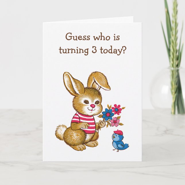 Cute Bunny and Bluebird Kids Third Birthday Card (Front)