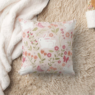 Cute Bunny and Butterfly Spring Garden Throw Pillow