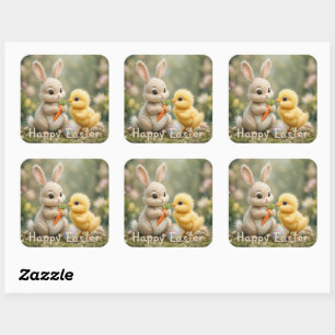 Cute Bunny and Chick Easter Scene Square Sticker