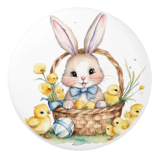 Cute bunny and chicks ceramic knob (Front)