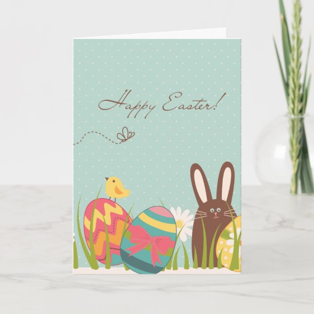 Cute Bunny and Decorated Eggs Happy Easter Card (Front)
