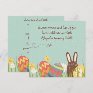 Cute Bunny and Easter Eggs 1st Birthday Invitation