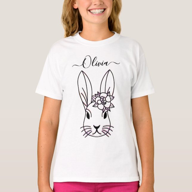 Cute Bunny and Flower. Personalise T-Shirt (Front)