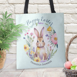 Cute Bunny and Flowers Pretty Happy Easter Tote Bag