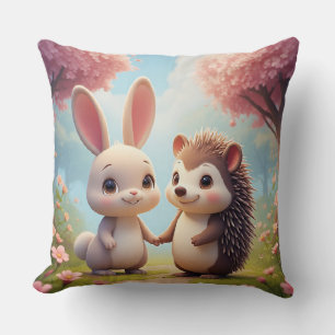 Cute Bunny And Hedgehog Holding Hands Throw Pillow