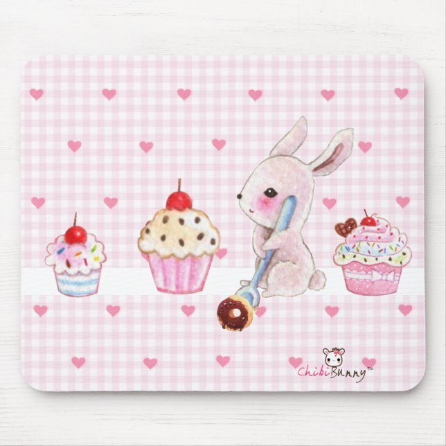 Cute bunny and kawaii cupcakes mouse pad (Front)