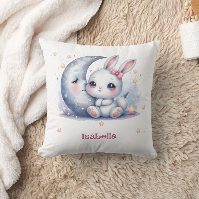 cute bunny and the crescent moon kids throw pillow (Blanket)