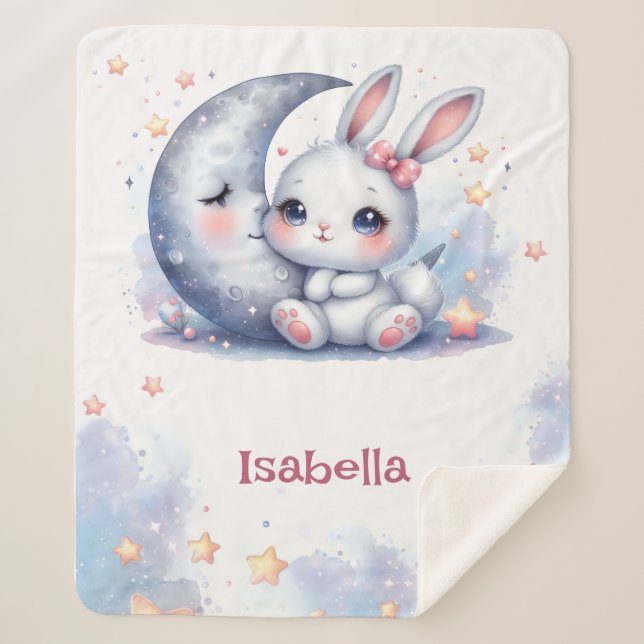 cute bunny and the crescent moon  sherpa blanket (Front)