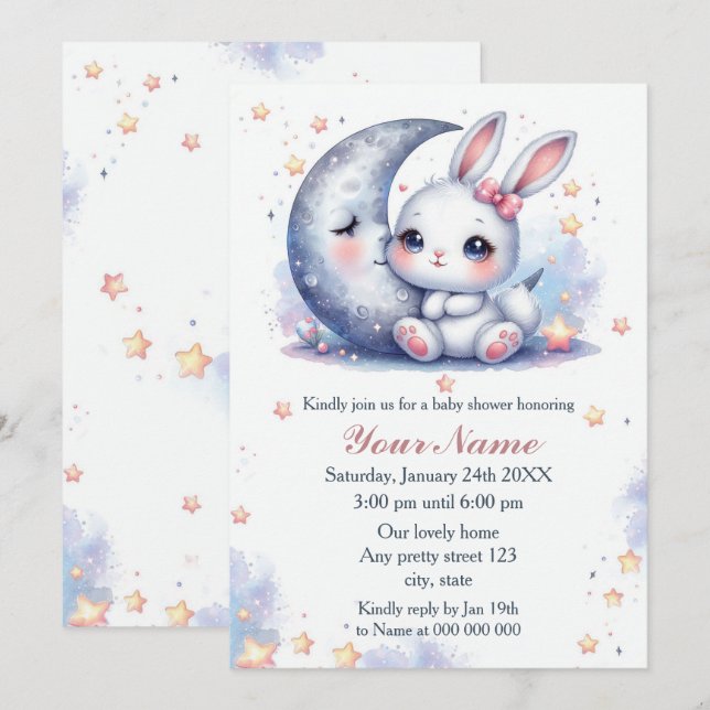cute bunny and the moon baby shower invitation (Front/Back)