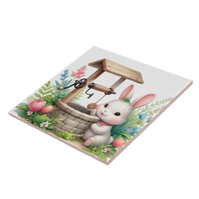 Cute bunny and well Country  Tile (Side)