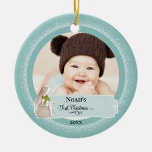 Cute Bunny Baby Photo First Christmas Ceramic Orna Ornament