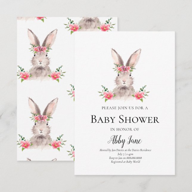 Cute Bunny Baby Shower Invitation Girl (Front/Back)