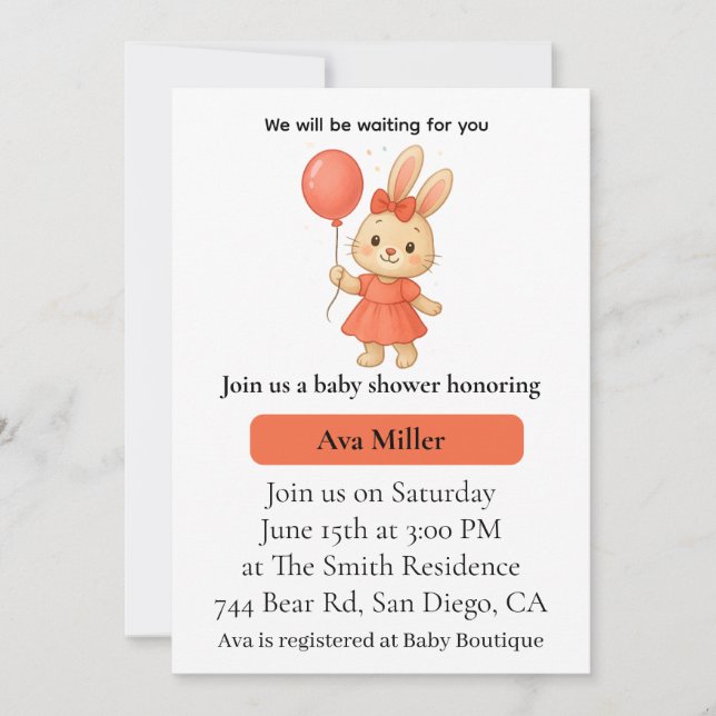 Cute Bunny Baby Shower Invitation | Pink Floral De (Front)