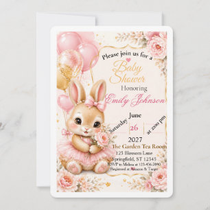 Cute Bunny Baby Shower Invitation   Pink Floral Wa