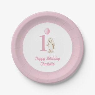 Cute Bunny & Balloon Pink Happy Birthday 1st Paper Plate