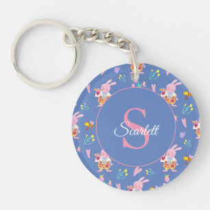 Cute bunny bee pattern Monogram Name blue Keychain