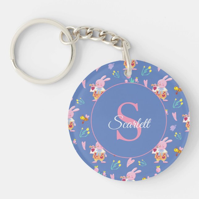 Cute bunny bee pattern Monogram Name blue Keychain (Front)