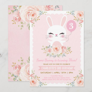 Cute Bunny Birthday Blush Pink Rose Rabbit Invitation