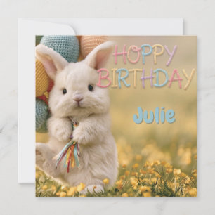 Cute Bunny Birthday Greeting with Balloons Card