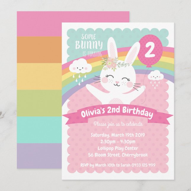 Cute Bunny Birthday Invitations Girls Rainbow (Front/Back)