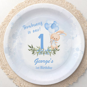 Cute Bunny Blue 1st Birthday Boy Spring Paper Plate