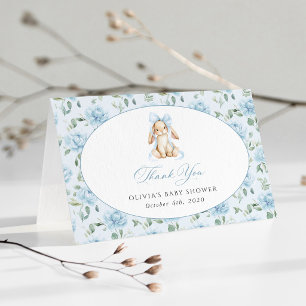 Cute Bunny, Blue Bow, Blue Flowers, Baby Shower Thank You Card