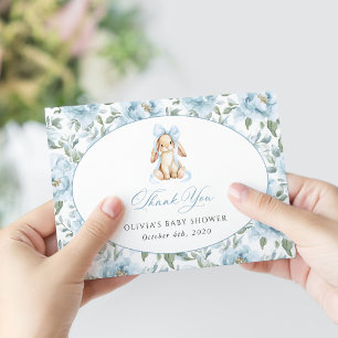 Cute Bunny, Blue Bow, Blue Flowers, Baby Shower Thank You Card