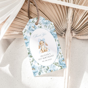 Cute Bunny, Blue Bow, Blue Flowers, First Birthday Gift Tags
