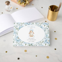 Cute Bunny, Blue Bow, Blue Flowers, First Birthday