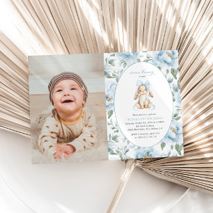 Cute Bunny, Blue Bow, Blue Flowers, First Birthday Invitation
